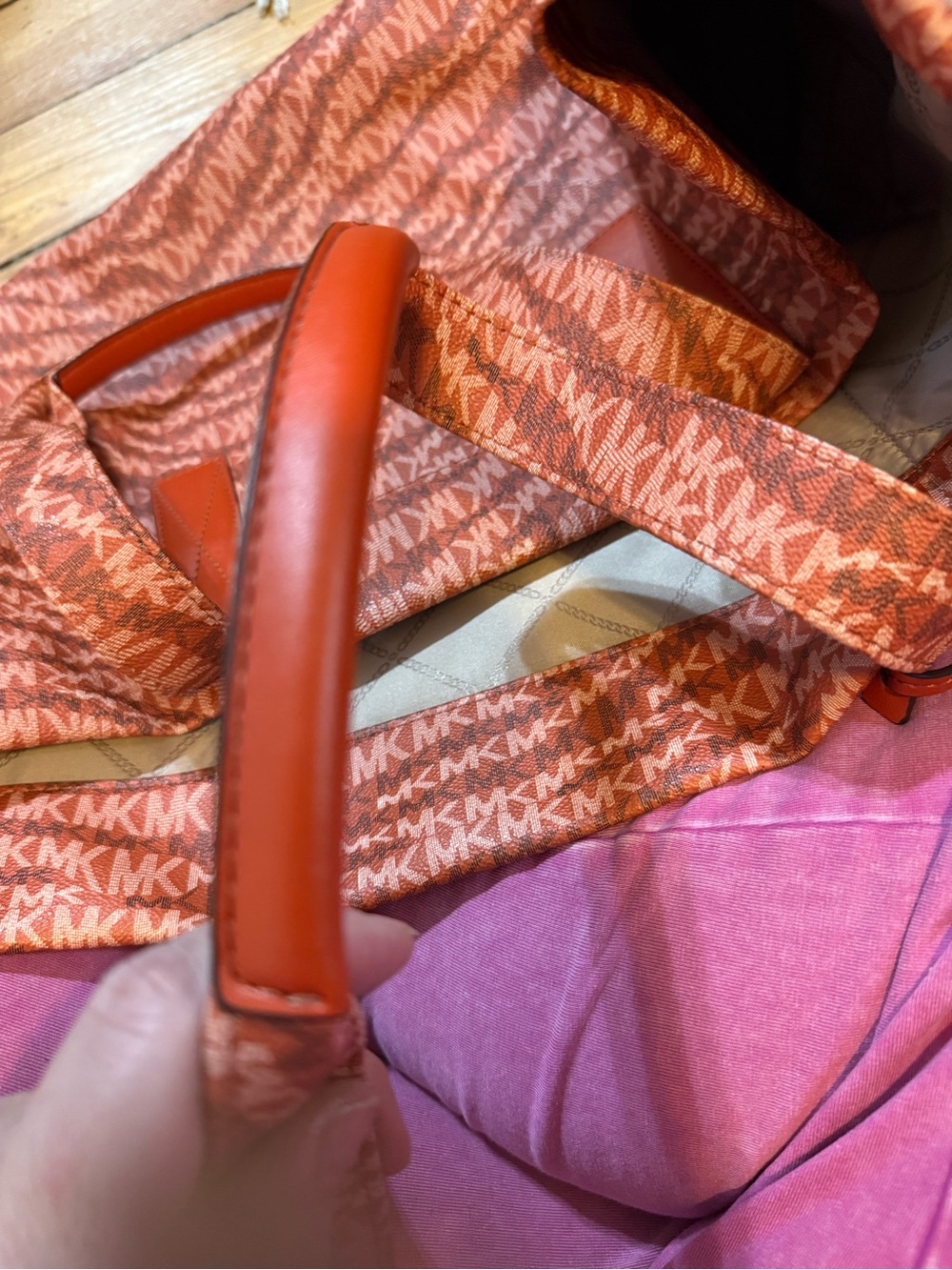 Michael Kors Coral-Red MK Logo Tote with Gold Accent - Picture 8 of 16